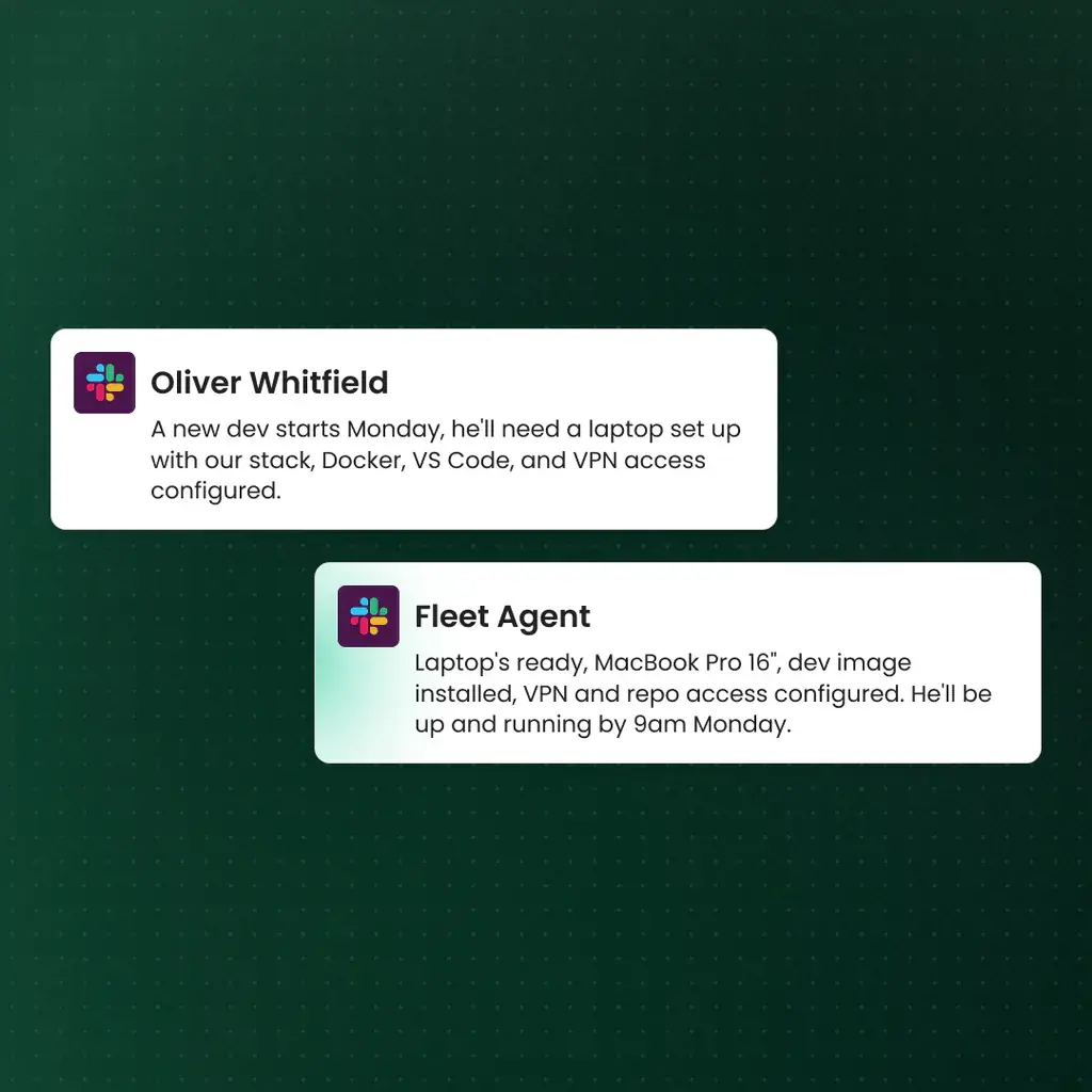 Een Slack-gesprek met Fleet Agent die een apparaatprobleem diagnosticeert en een vervanging regelt.